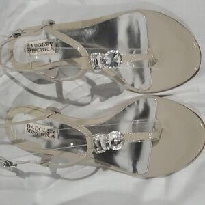 Badgley mischka taupe crystal embellished kitten heel sandals